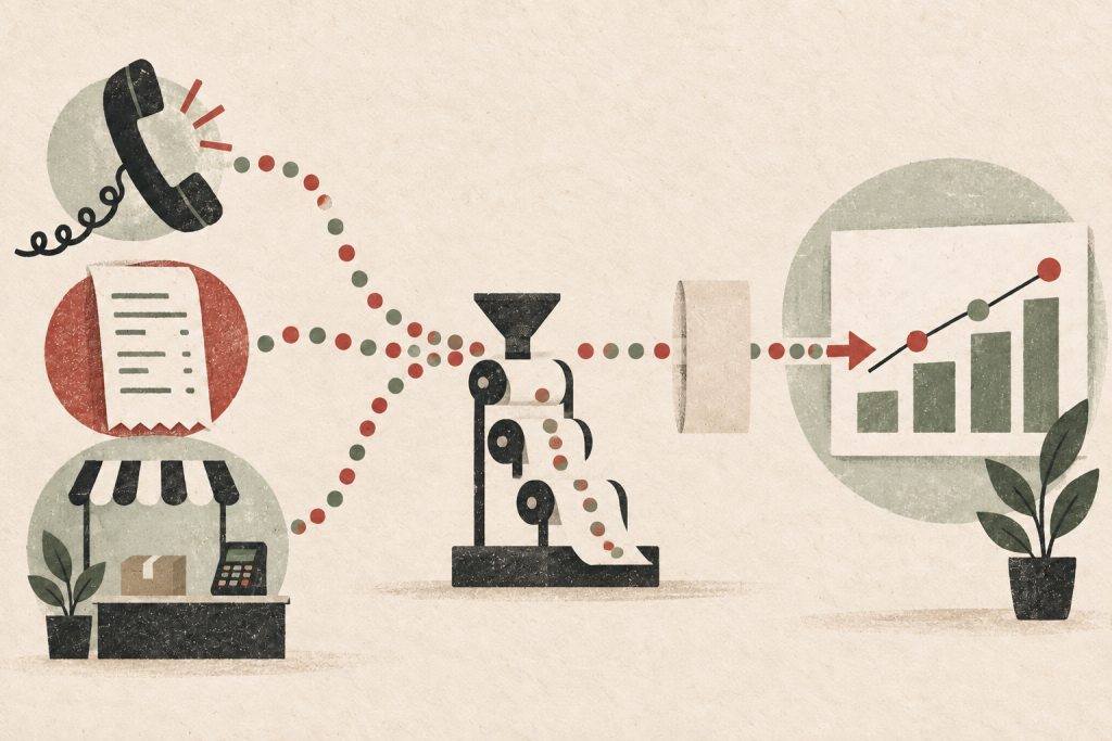 Textured illustration of a phone inquiry and sales receipt moving through a protected data path toward an advertising performance chart.