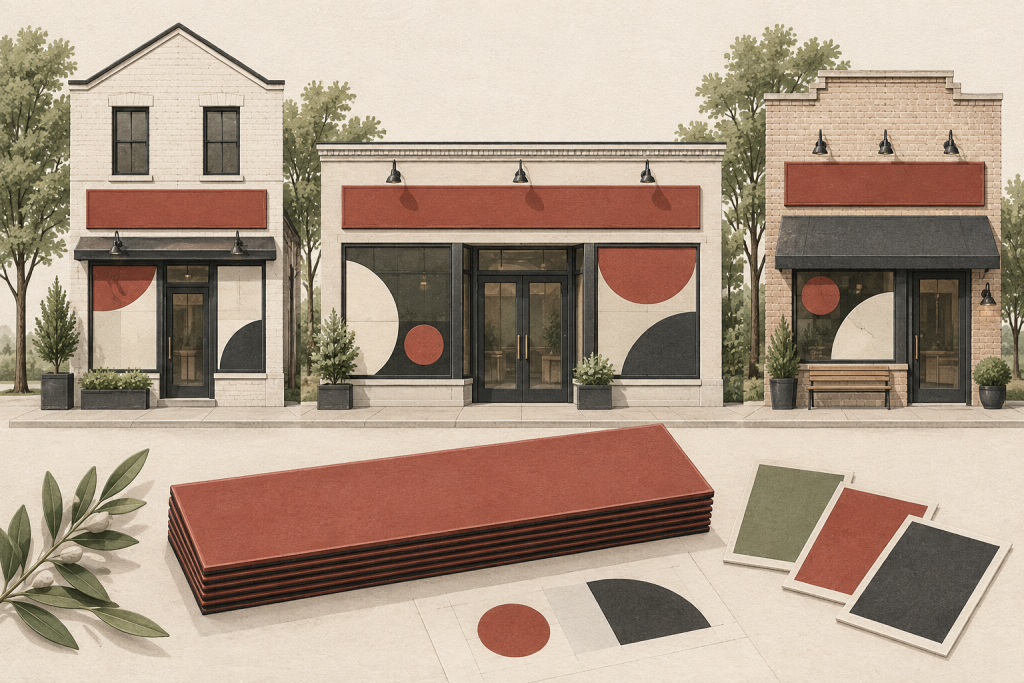 Conceptual illustration of three different storefronts with coordinated red signs, geometric window panels, and matching material samples.