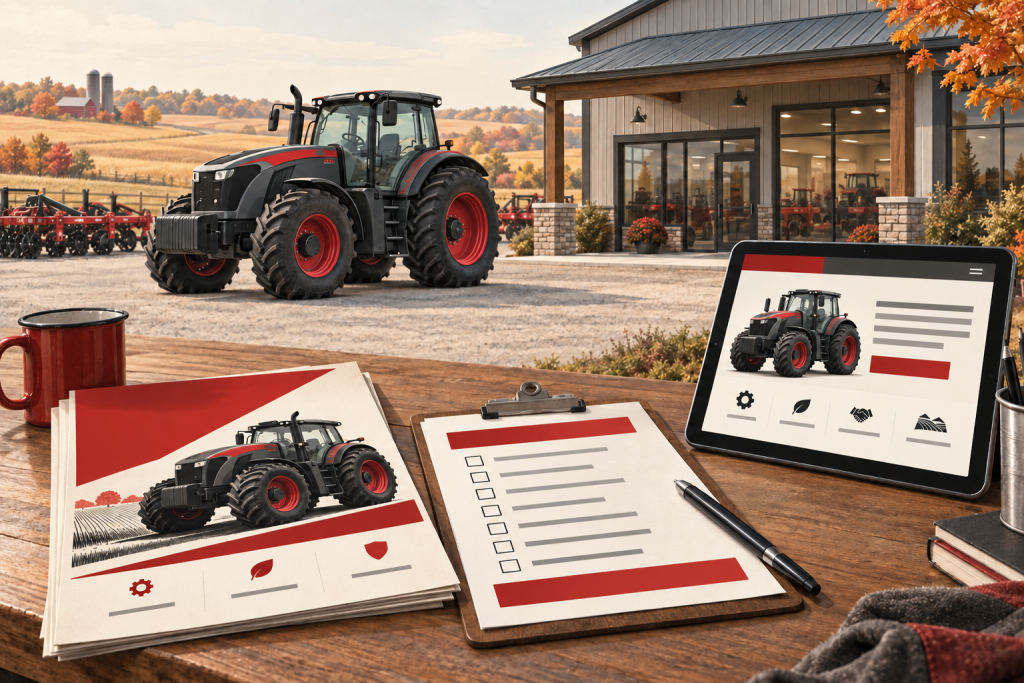 Conceptual image of dealership equipment with coordinated flyers and a campaign checklist.