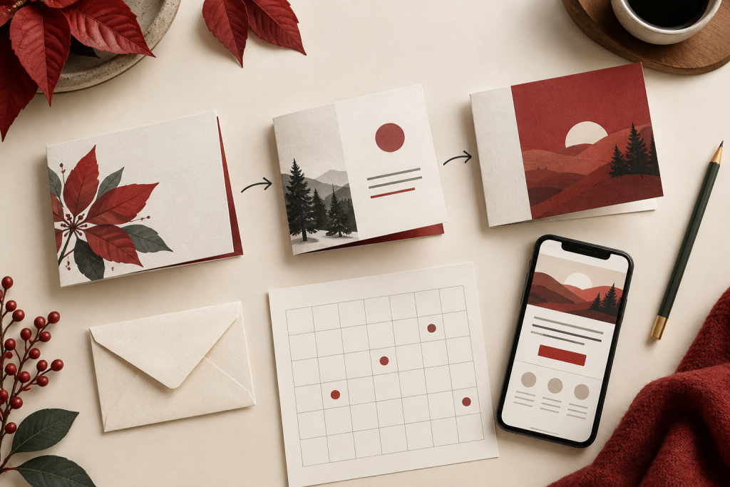 Illustration of coordinated fall mailers, a calendar, and a matching mobile landing page.