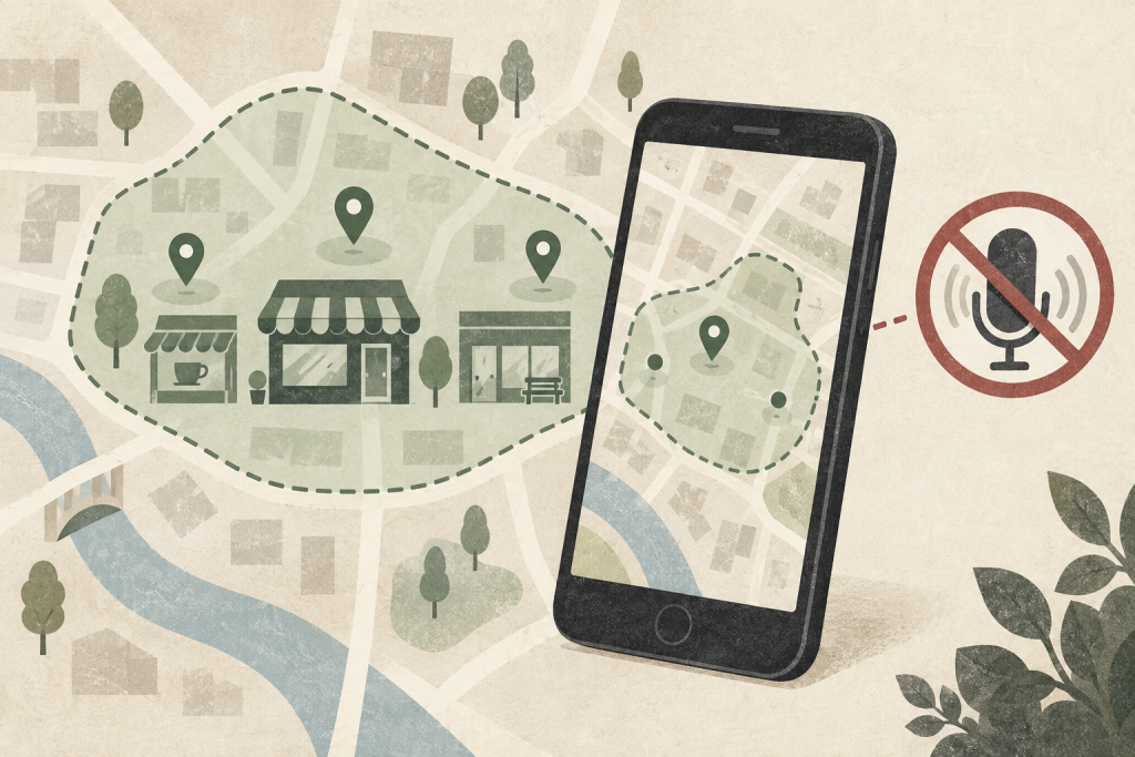 Editorial illustration of a phone near a mapped location boundary with a muted microphone symbol.