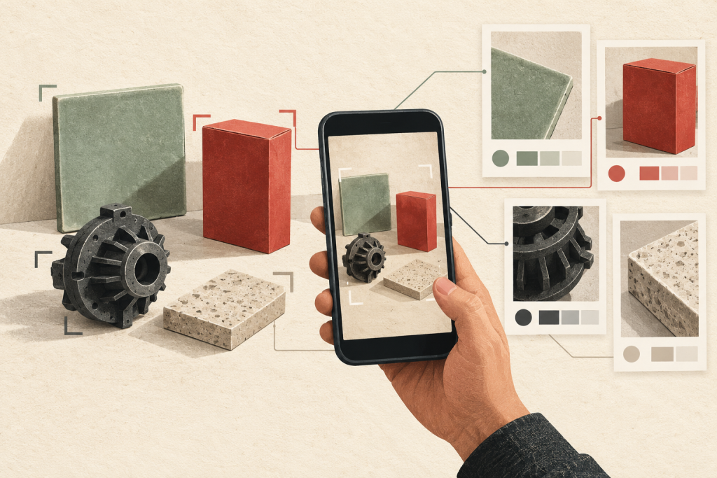 Editorial illustration of a phone visually searching product and project images.