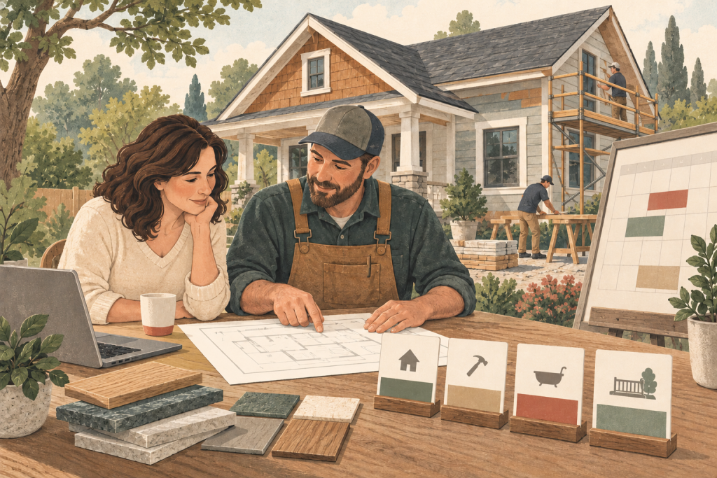 Editorial illustration of a homeowner and remodeling contractor reviewing project plans beside a house in progress.